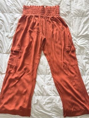Rewash Women's Size XL Rust Smocked Waist Wide Leg Cargo Pants Boho